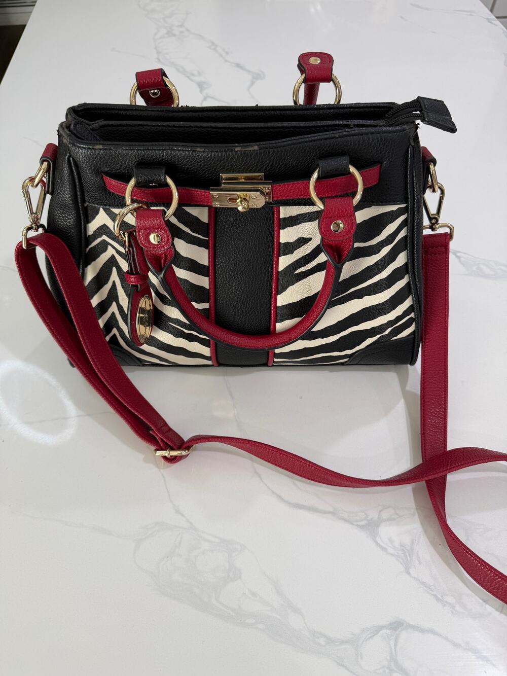 Simply Glamorous Stacey Whitmore Zebra & Red Leather Handbag – Gold Hardware